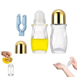 LQMBABY 50ML Round Glass Empty Roller Bottles for Essential Oils, Deodorant Roll On Bottle Containers Empty, Refillable Roller Ball Applicator for Perfume, Cosmetic (Flat Bottle+Gold Flat Cap)
