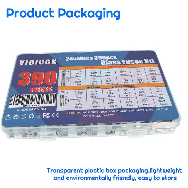 VIBICCK 24values390 Pieces Fast Burning Glass Fuse Combination kit 250V