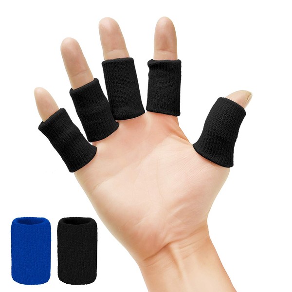 Senkary 20 Pieces Finger Sleeves Protectors Thumb Brace Support Elastic Compression Protector for Relieving Pain, Arthritis,Trigger Finger, Sports (Blue, Black)