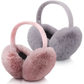 SATINIOR 2 Pieces Ear Muffs for Winter Women Fuzzy Faux Fur Ear Warmers Ear Cover Cute Foldable Outdoor Ear Warmers(Pink, Gray)