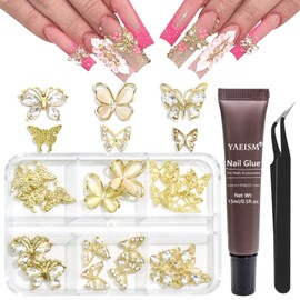 YAEISM 3D Alloy Butterfly Nail Charms 30Pcs Gold Butterflies Shape Nail Art Charms 6 Type Shiny Design Rhinestones with Glue Gel,Tweezer for Nail Art and DIY Crafts Decoration