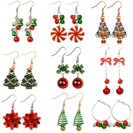 XNHIU 9 Pairs Christmas Dangle Earrings Christmas Tree Bow Jingle Candy Earrings Christmas Themed Earrings