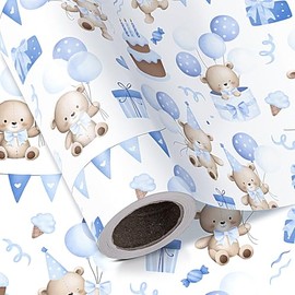 WRAPAHOLIC Bear Baby Shower Wrapping Paper Roll - Mini Roll - 17 Inch x 16.5 Feet - Teddy Bear Baby Boy Wrapping Paper, Perfect for Kids Boys Birthday, Newborn Gift Wrap