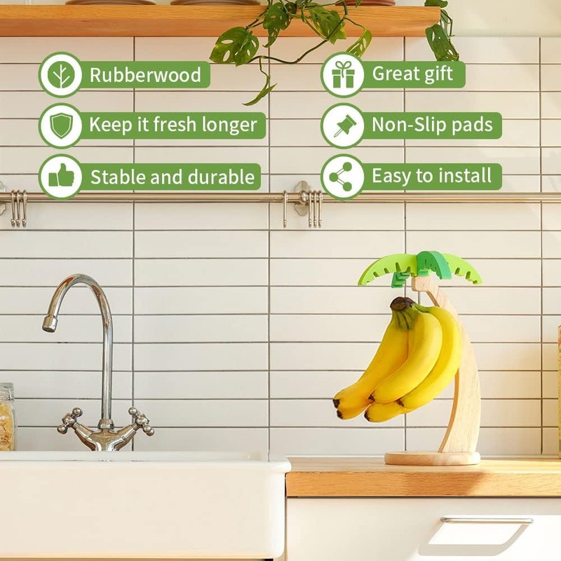 Wooden Banana Holder Stand with Hook & Palm Leaf Accent