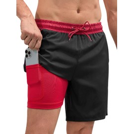 SILKWORLD Men Swim Trunks with Zip Pockets 2 in 1 Quick Dry Breathable Stretch Summer Beach Swim Shorts 7 Inch Inseam Bathing Suits,Black Red, X-Large