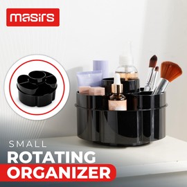 Masirs Small Rotating Makeup Organizer - A Mini Yet Spacious Cosmetic Storage Solution with Multiple Compartments. The Perfect Spinning Make-Up Caddy for Vanity or Bathroom Counter. (Round - Black)