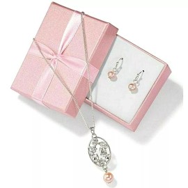 Avon Pearl Pinkish Peach Silver Oval Flower Necklace & Earring Gift Set