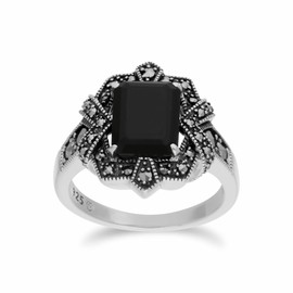 Gemondo Black Onyx Ring, Sterling Silver Black Onyx & Marcasite Octagon Art Nouveau Ring