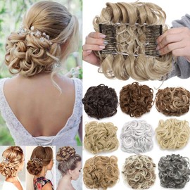 Real Thick Comb Clip in Messy Curly Bun Hair Extension Chignon Updo Hair Piece Short Hair Wavy Scrunchie Wedding Hairpiece - Bleach Blonde