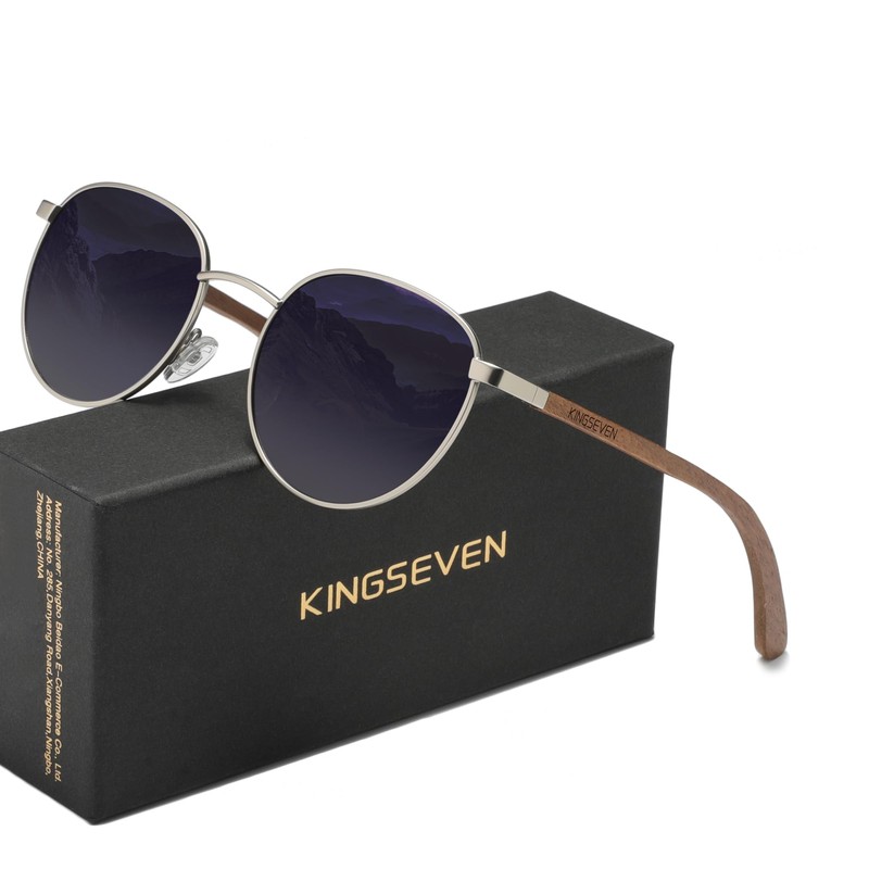 KINGSEVEN Walnut Wood Round Sunglasses Men Women Polarised Mirrored Stylish