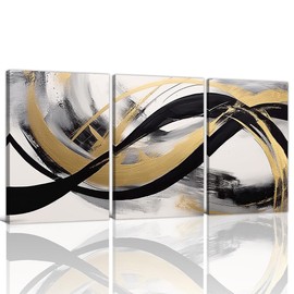 NAMENLAIMI Black and Gold Canvas Prints Wall Art 3 Piece Abstract Black White and Gold Picture Prints Large Abstract Paintings for Living Room Bedroom Decor Frame(Abstract-3,12.00" x 16.00" x 3Pcs)