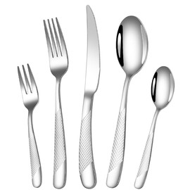 Cubiertos Hammed de 20 piezas - Juego de cubiertos de acero inoxidable 18/10 con cuchillo/cucharas/tenedores dentados 2 en 1 ultra afilados - Pulido espejo, apto para lavavajillas (Plata)