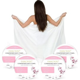 fancyou Compressed Towel Tablets Large - 100% Cotton Disposable Bath Towels for Travel - 55 in x 27.5 in Travel Towel Great for Hotel Camping Hiking Sports Beach Swimming Vacation [4 Pack Pink]