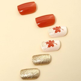 Fall Press on Nails Short Square Maple Leaf Fake Nails Thanksgiving Press on Full Cover False Nail Glossy Autumn Leaves with Glitter Design Stick on Nails DIY Holiday Manicure Decoration Tip for Women