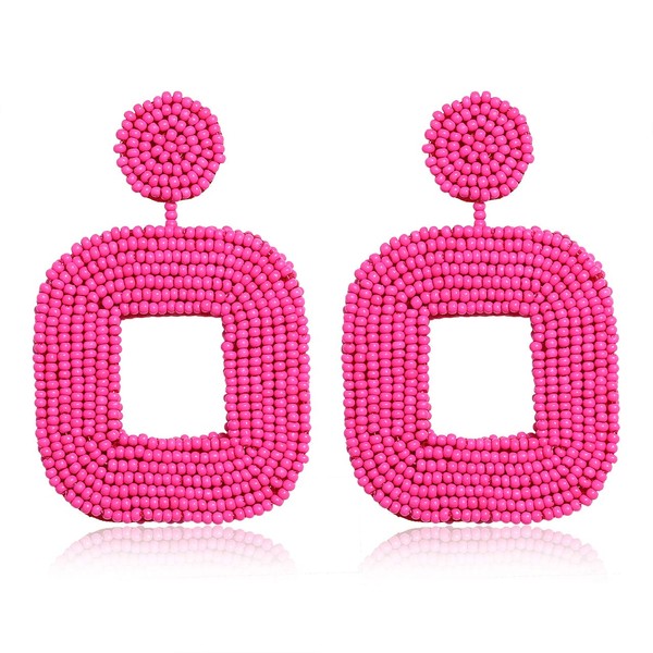Boderier Beaded Drop Hot Pink Earrings Bohemian Wire Wrapped Beaded