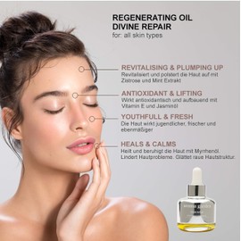 Divine Repair - Instant Regenerating Care with Vitamin E, Argan Oil, Myrrh and Cedar - Antioxidant and Smoothes Rough Skin Structure - Organic & Vegan - For Sensitive Skin - 30 ml