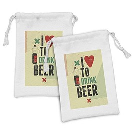 Ambesonne Retro Fabric Pouch Set of 2, I Love to Drink Beer Calligraphy with a Hand Holding Booze Bottle Grunge Illustration, Small Drawstring Bag for Toiletries Masks and Favors, 9" x 6", Multicolor