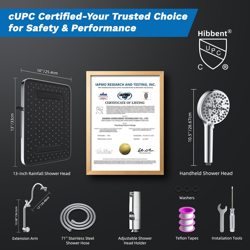 Hibbent cUPC Certified 13'' Shower Head Combo, High Pressure 5