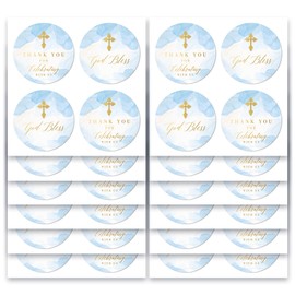 Mobiusea Creation First Communion God Bless Baptism Stickers for Boys | 2 inch | Blue Gold Foil Cross| 60pcs Waterproof Christian Thank You Religious Stickers Baptism Favor Tag Labels