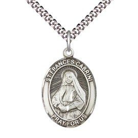 Mens Oval Pewter Saint Frances Cabrini Medal Pendant on 24" Rhodium Plated Heavy Curb Brass Chain with Lobster Claw clasp, Catholic Religious Necklace -Made in USA- Deluxe Velvet Gift Box