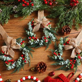 Hotop 4 Set Mini Christmas Wreaths for Cabinet Small Christmas Wreath with Burlap Ribbon for Kitchen Farmhouse Decoration Artificial Hanging Ring Garland for Front Door Porch Fence Wall Window Decor