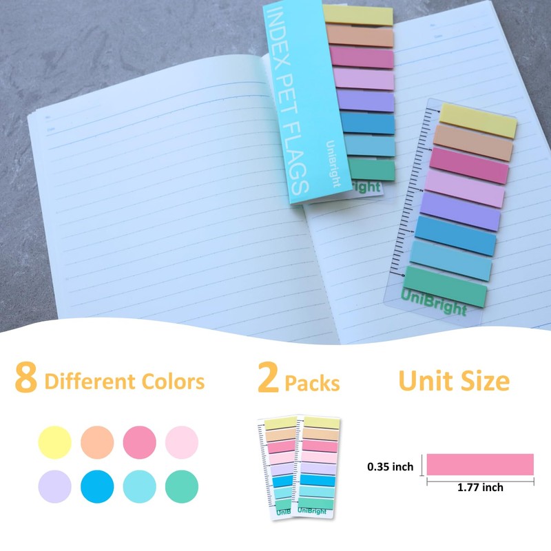 UniBright Sticky Tabs, with 4 Inch Bookmark Ruler, 8 Morandi