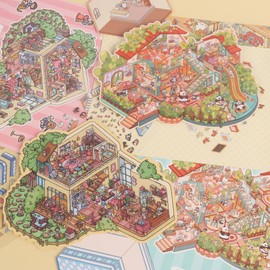 2 Sets Sticker Therapy, Large Sticker Scene for Adults and Kids, Cute Cartoon Scenery Sticker Therapy Store and Home, House Stickers for Girls (G)