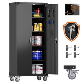 Reemoon Metal Storage Cabinet with Wheels and Pegboard, 72" H Rolling Steel Storage Cabinet with 4 Adjustable Shelves and Lockable Door for Garage, Office, Home,Required Assembly,Black