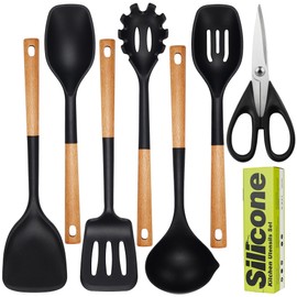 Fyvva Large Cooking Utensils Set 7 Pcs Heat Resistant Silicone Kitchen Utensils Set Food Grade Silicone and Wooden Handles Spatula Soup Ladle Pasta Server Kitchen Gadgets Utensils Set (Black)