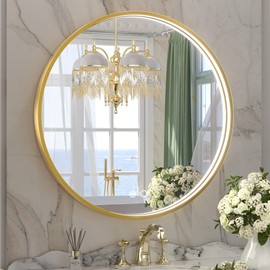 Keonjinn 24 Inch Gold Round LED Bathroom Mirror with 3000K/4500K/6000K Lights Framed Circle Mirror Dimmable Lighted Vanity Makeup Mirror