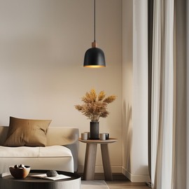 Globe Electric 67000193 1-Light Pendant Lighting, Matte Black, Wood-Toned Accent on Socket, 5ft Black Fabric Cord, Home Improvement, Kitchen, Living Room, Hanging Ceiling Light