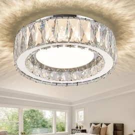 Gisisee 11 Inch Chrome Modern Luxury Crystal Flush Mount Ceiling Light Fixture,5CCT 3000K-6000K 24W,Round Small Dimmable Led Chandelier Hallway Lighting for Entryway,Kitchen,Bedroom,Laundry Room