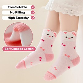 Holopoda Girls Cotton Crew Socks 5 Pairs, Soft Breathable for 2-5 Years Kids, Cozy Cartoon Patterns with Floral & Animal Designs (Pink & White)