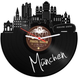 GRAVURZEILE Vinyl Record Clock - Skyline Munich - Wall Clock Made of Cast Vinyl with City Skyline 30 cm - Upcycling Design Clock Wall Decoration Vintage Clock Wall Decoration Retro Clock - Made in
