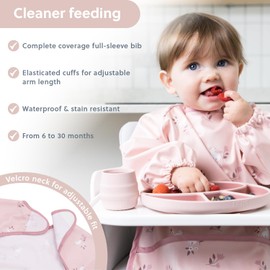 BIBaDO Mess Proof Baby Bib, 2 Pack Long Sleeve Bib, 6 month - 3 Years, Waterproof Bibs for Toddlers, Machine Washable (Cottontails & Hares)