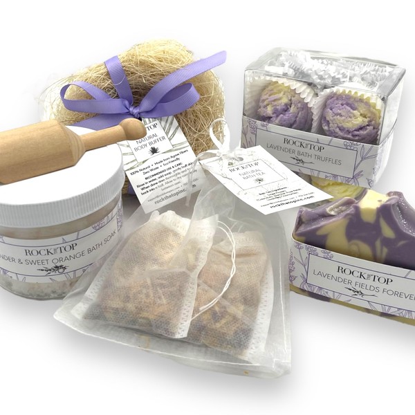 Rock the Top Anxiety Relief Items in a Spa Gift Baskets for Women. 6 Self Care Gifts, Mineral-Rich Bath Soak, Soap, Bomb Truffles, & Tea. Basket That Will Leave her Skin SO Soft., Piece Set