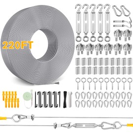 220FT 1/16" Wire Rope Kit - String Light Hanging Kit Vinyl Coated 304 Stainless Steel Cable with Turnbuckles for String Light Hanging, Gate Anti Sag, Stair Railing, Curtain, Picture Hanging, Garden