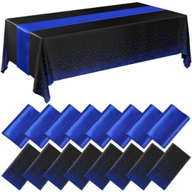 16 Pack Black and Blue Tablecloths and Satin Runners Set