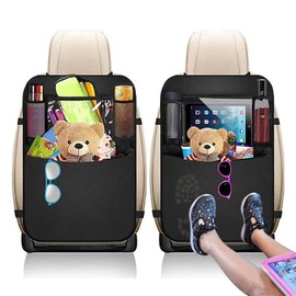 2 Universal Protector de Asiento Trasero, Funda de Asiento Trasero para Niños con Organizador de Almacenamiento de 3 Bolsillos y Soporte de Pantalla Clara, Impermeable y Fácil de Limpiar (Negro)