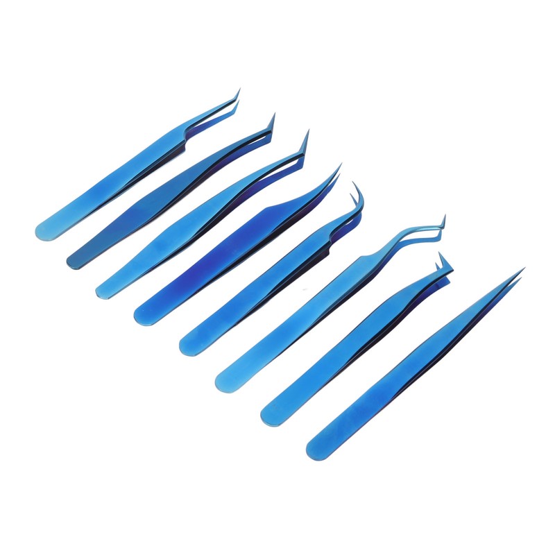 8pcs Eyelash Tweezers Stainless Steel Fine Tip Ergonomic Blue Titanium