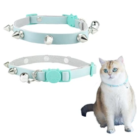 Spiked Cat Collar with Bells, Breakaway Genuine Leather Protective Collar for Kitty, Studs Spikes Punk Style Adjustable for Girl Boy Kittens Small Bunny Rabbit, 10"-12" Blue