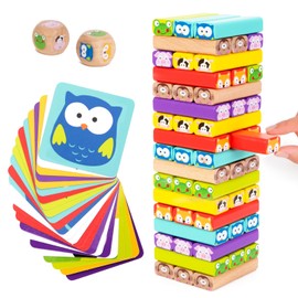 Nene Toys Wooden Tumble Tower Game with Animals & Colors, 4-in-1 Educational Family Board Game for Kids Ages 3-9, Creativity & Cognitive Skills Booster - Gift for Boys Girls 3+ Years