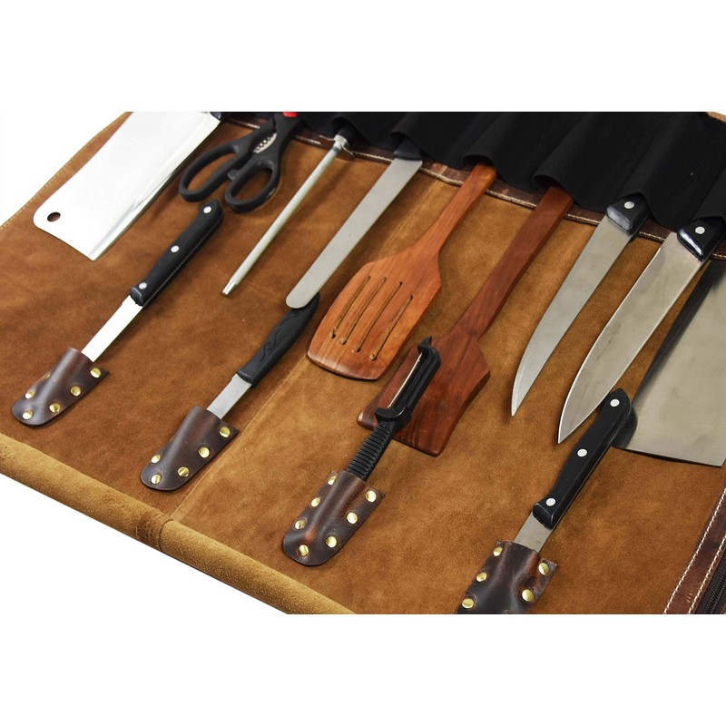 Leather Knife Roll Storage Bag, Elastic and Expandable 10 Pockets,