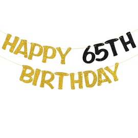 Happy 65th Birthday Banner - Adult 65th Birthday Party Garland Supplies - Cheers to 65 Years Party Decorations - Gold Black Glitter