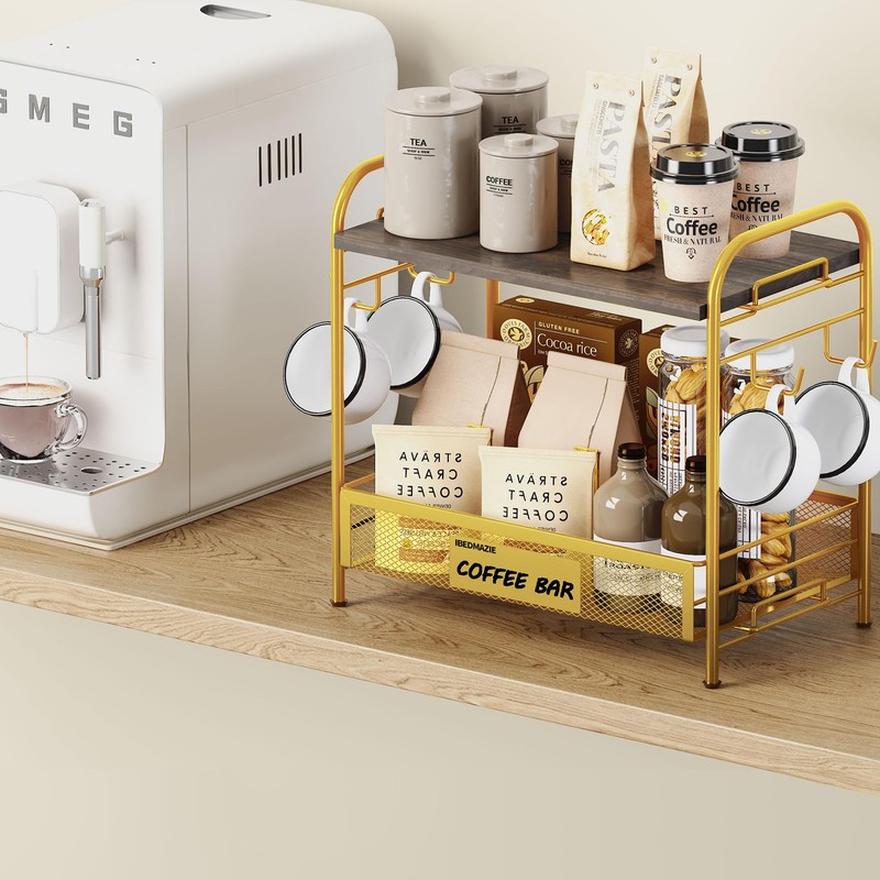 Coffee Bar Organizer for Countertop Station, Simple Assembly 2 Tier