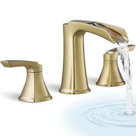 HOIGY Brass Waterfall Tub Faucet, 3 Hole Brushed Gold Bathtub Faucet Set, 6-16 Inch Widespread Deck Mount with 2 Handle & cUPC Supply Water Hoses for Roman Style, 20 Mins Quick Installation