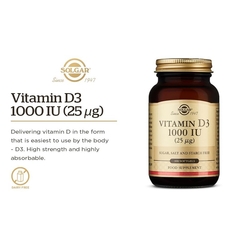 Solgar Vitamin D3 (Cholecalciferol) 25 mcg (1000 IU), 100 Softgels