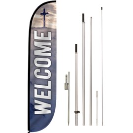 LookOurWay Feather Flag Set, 12 ft Advertising Flag with Fiberglass Poles and Ground Spike for Business Promotion, Church Theme (Welcome)