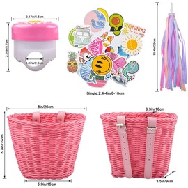IVEOPPE Children's Front Bicycle Basket - Children's Bicycle Accessories Set with Braided Bicycle Basket Children, Leather Straps, Bicycle Bell, Streamers, Stickers, Gifts for Children (Pink)