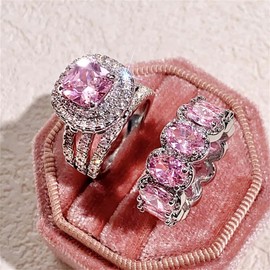 925 Sterling Silver Shiny Full Diamond Gemstone Ring 2Pcs 18K Gold Pink Cubic Zirconia Promise Rings CZ Bride Diamond Multi Row Ring Eternity Engagement Wedding Party Band Ring Sets A.18 (US Code 8)